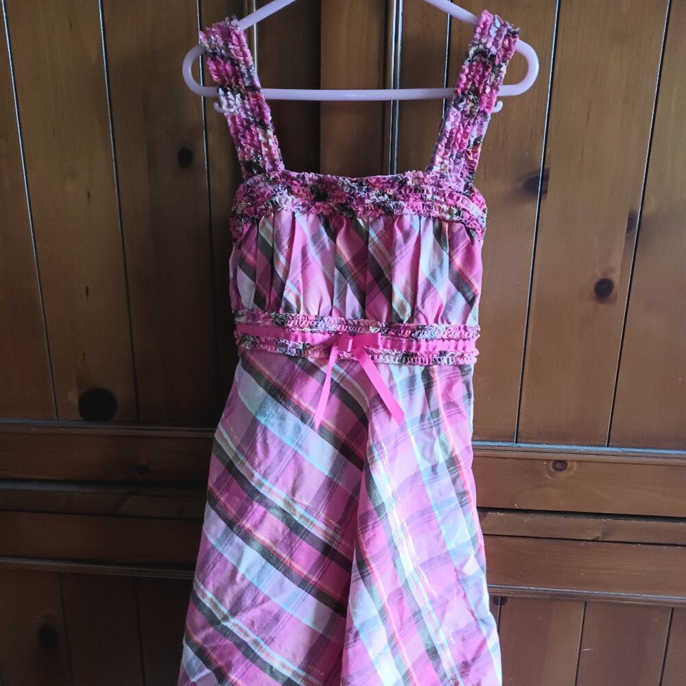 EUC Emily West sz. 10 Sleeveless Pink Madras Plaid Midi Dress w/ Lined Bodice